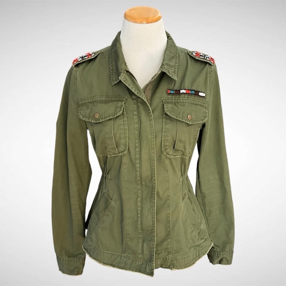 Miami Zip-Front Army Green Beaded Jacket Raw Hem Long Sleeves